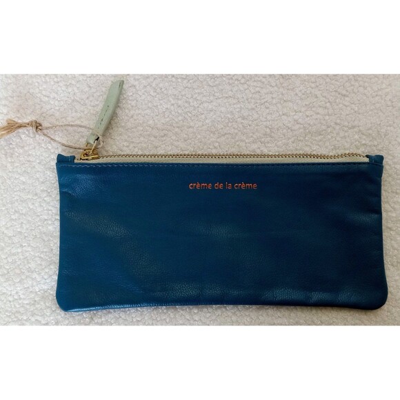 Anthropologie "Creme de la Creme" Blue Leather Gold Zipper Pouch 9 in x 4 in - Picture 2 of 9